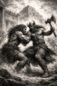 Gilgamesh and Enkidu battle.