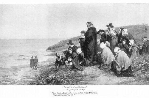 Pilgrims watch as the Mayflower sails away over the horizon