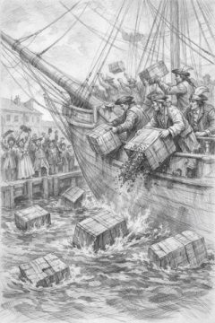 Men throwing tea into Boston harbor